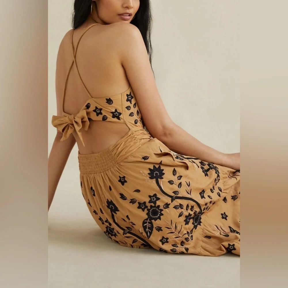 Anthropologie Maeve Tie Back Embroidered Halter Maxi Dress Honey Black Floral 4 - Picture 2 of 7